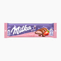 A Milka Strawberry & Crisp chocolate bar in its original packaging, featuring a purple and pink wrapper with a cow illustration and a sliced chocolate bar with strawberry filling.