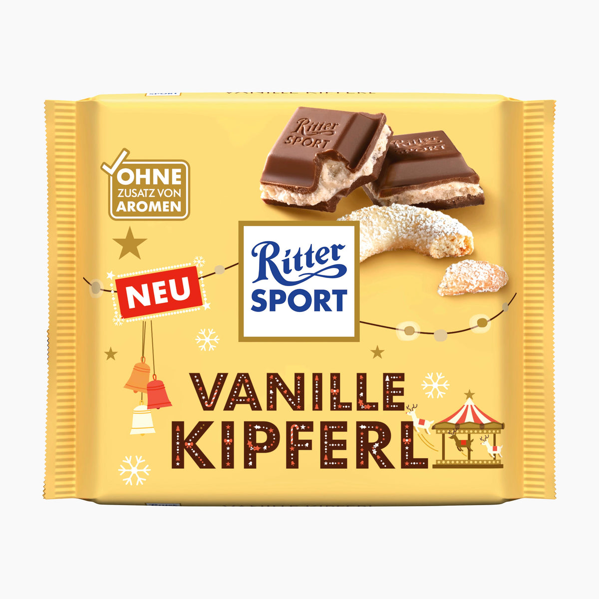 Ritter Sport Vanille Kipferl Vanilla Crescent Cookie milk chocolate bar packaging in a bright yellow wrapper, featuring illustrations of chocolate-covered cookies and a Ritter Sport chocolate bar.