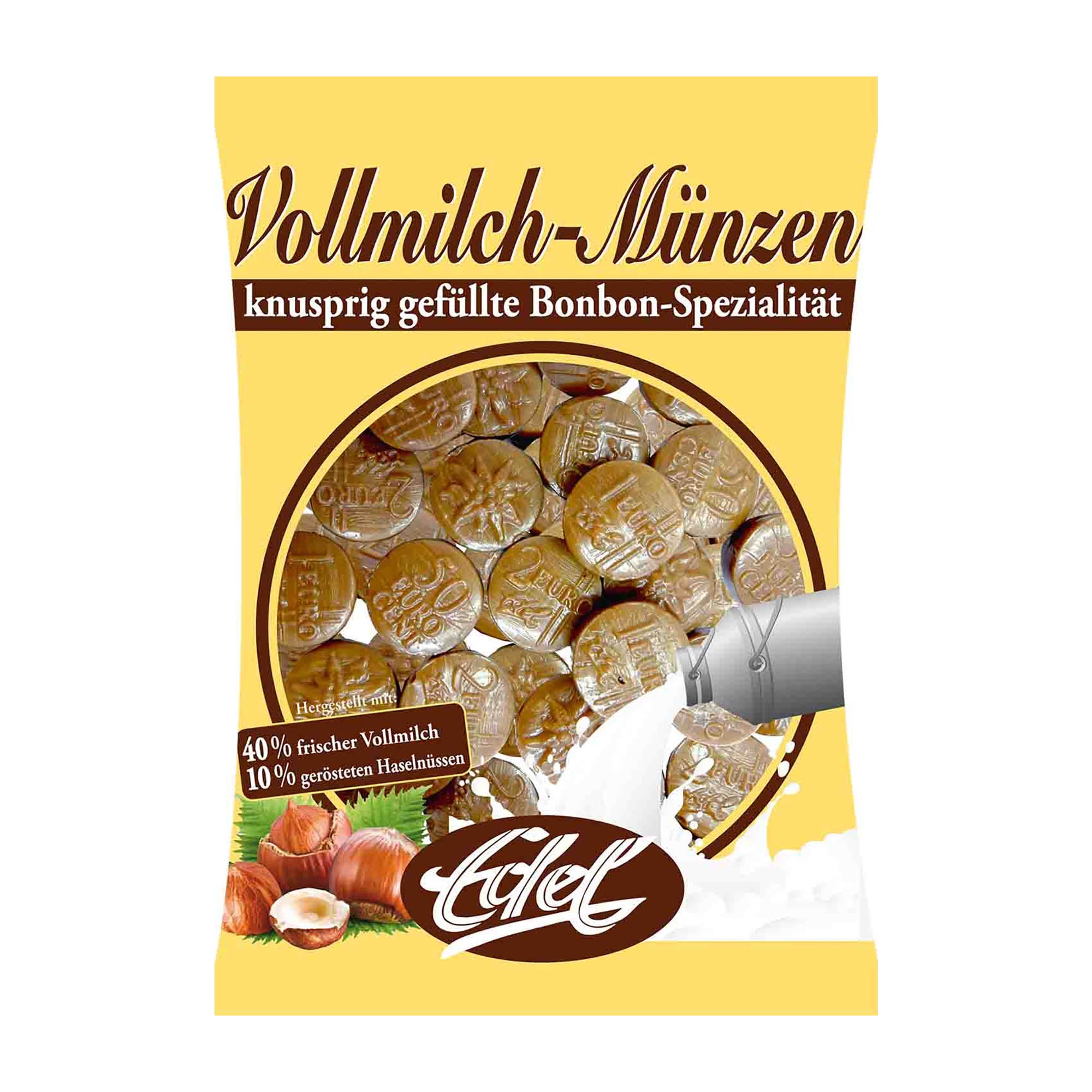Packaging of Edel Milk chocolate coins, showing the product in a yellow package, with images of the chocolate coins and hazelnuts.