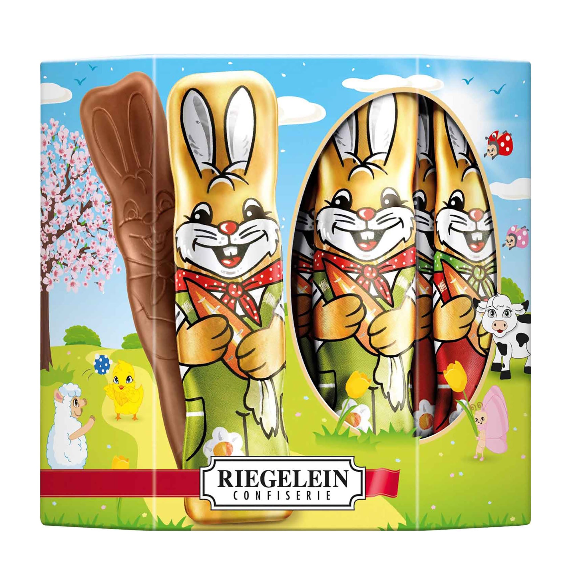 Riegelein Confiserie Milk Chocolate Easter Bunnies packaging with cartoon bunnies and farm animals and a colorful background