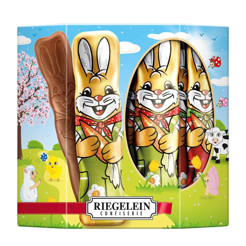 Riegelein Confiserie Milk Chocolate Easter Bunnies packaging with cartoon bunnies and farm animals and a colorful background
