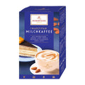 Packaging of Niederegger Marzipan Milk Coffee with an image of a cup of coffee with a frothy milk crown, almonds, and a slice of cake.
