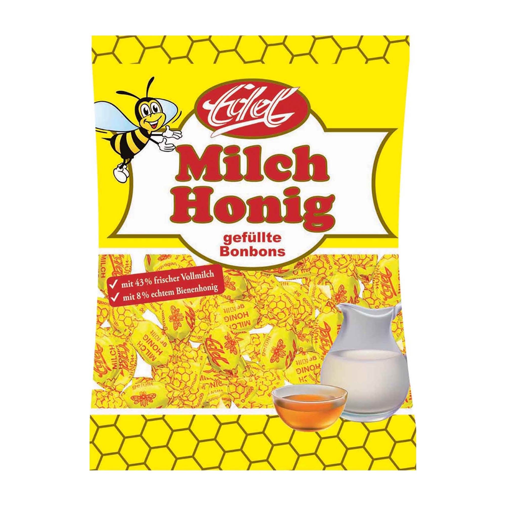 Packaging of Edel Milk-Honey hard caramel candies, featuring the product name, a honeycomb pattern, and an image of a bee.