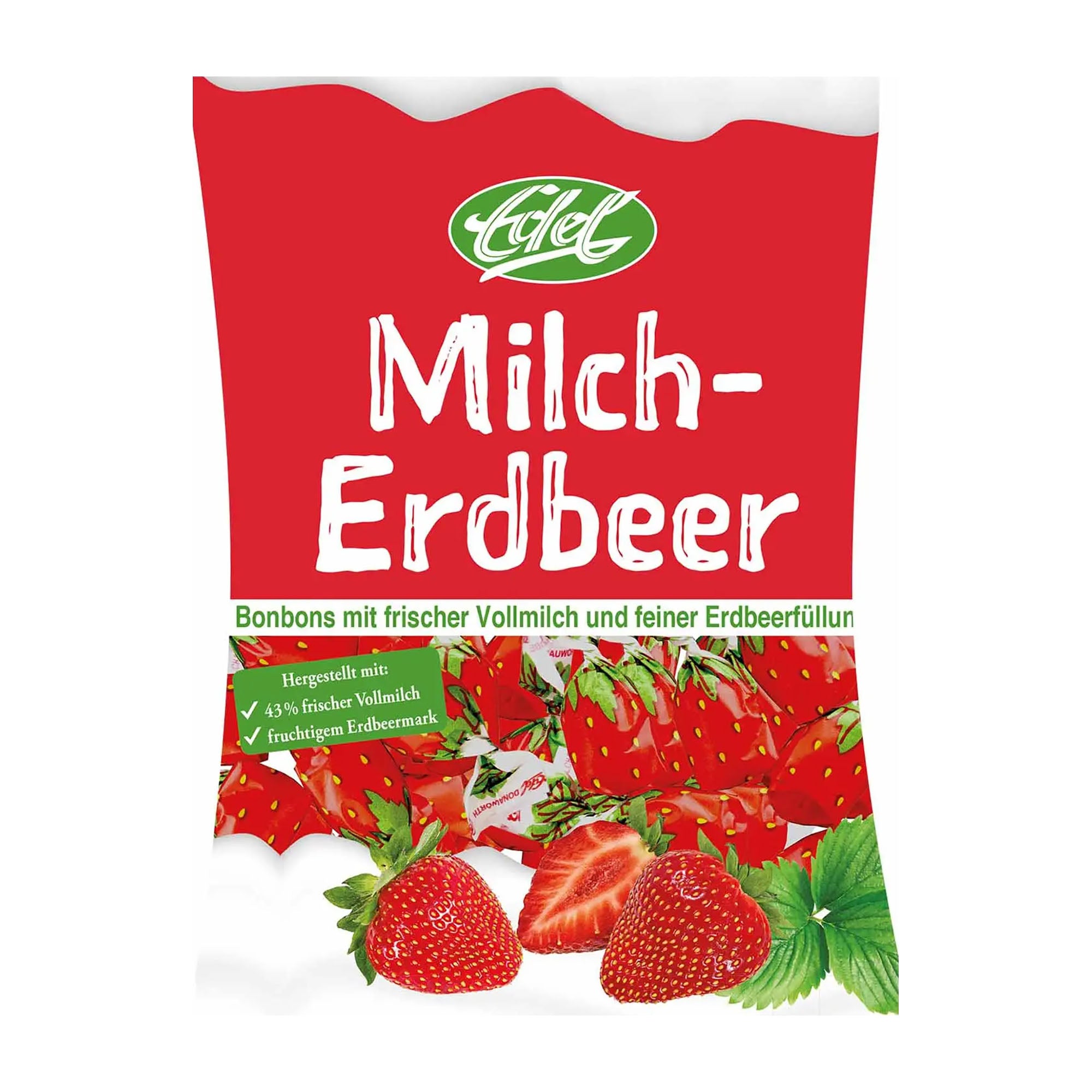 Red packaging of Edel Milk - Strawberry hard candy with strawberries on a white background