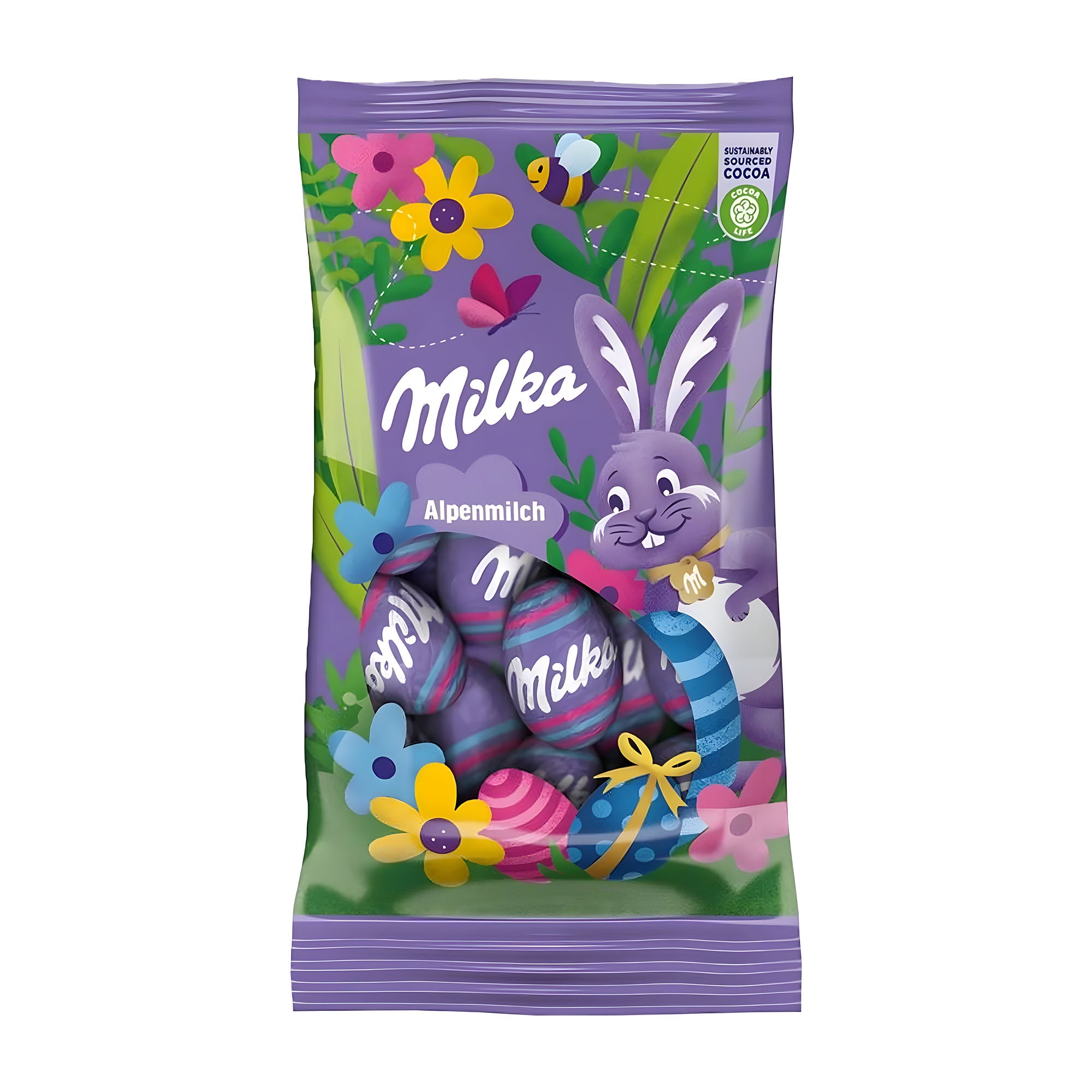 Milka Alpine Milk Chocolate Eggs packaging with a bunny and flowers on a white background