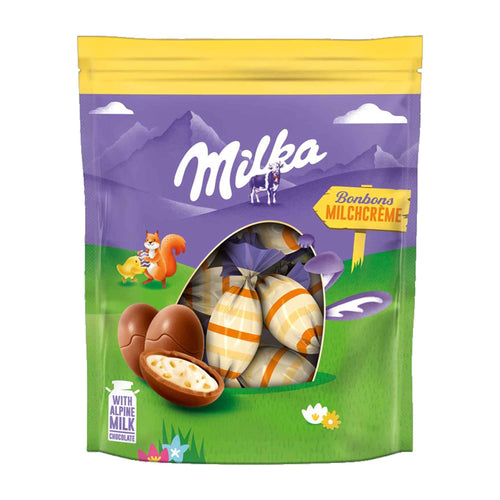 Milka Bonbons Milk Cream Easter packaging with a purple and green design