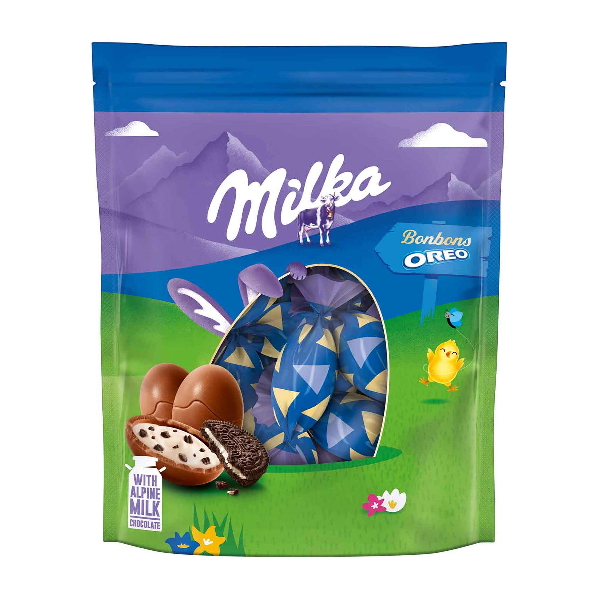 Milka Bonbons Oreo Easter packaging with blue and purple design