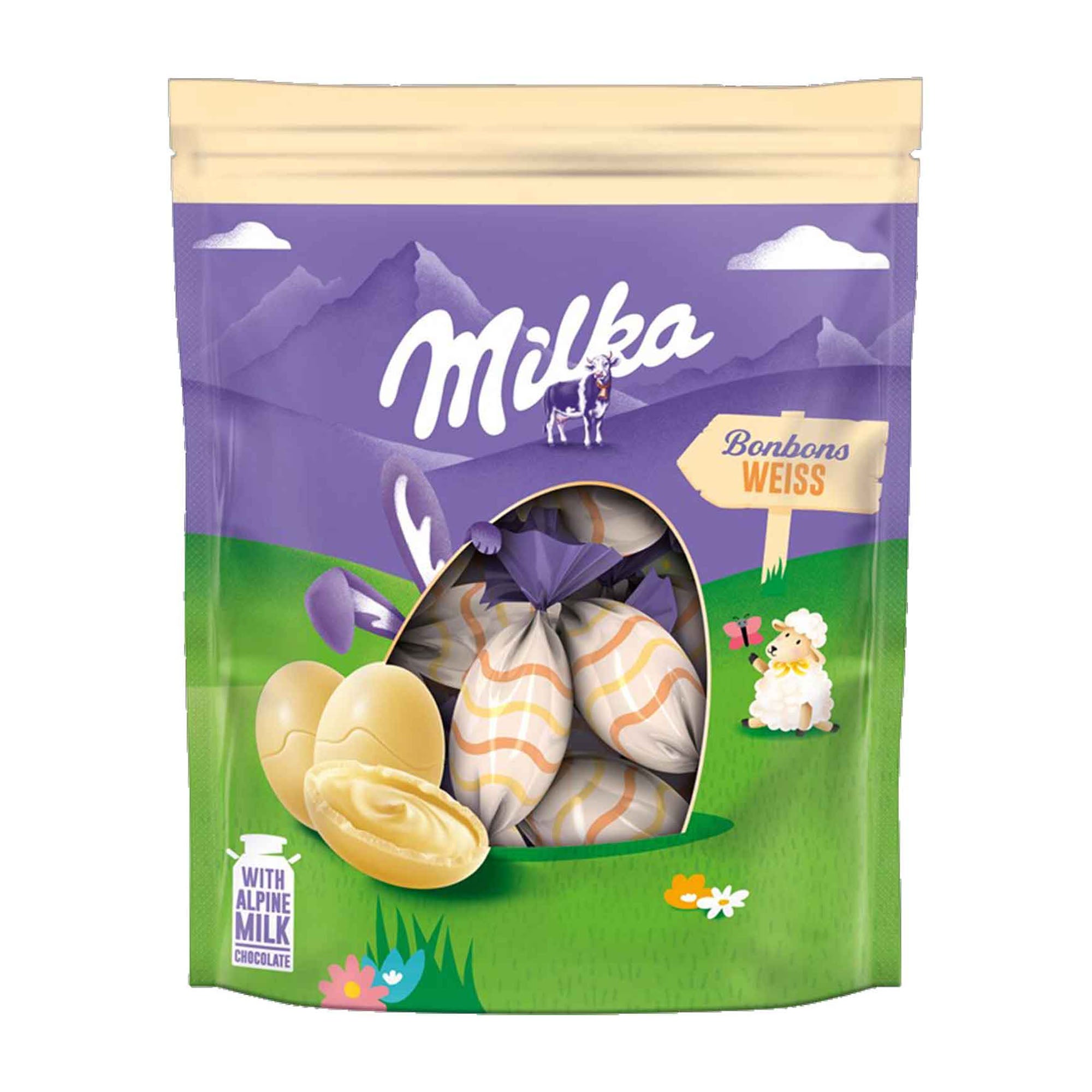 Milka Bonbons white chocolate bag with Easter-themed design on a white background