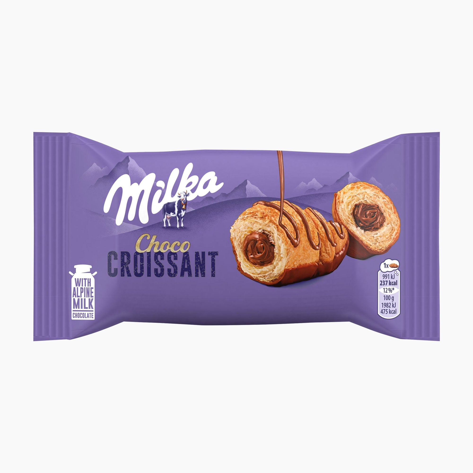 A purple package of Milka Choco Croissant, featuring an illustration of a chocolate-filled croissant with drizzled chocolate on a light gray background.