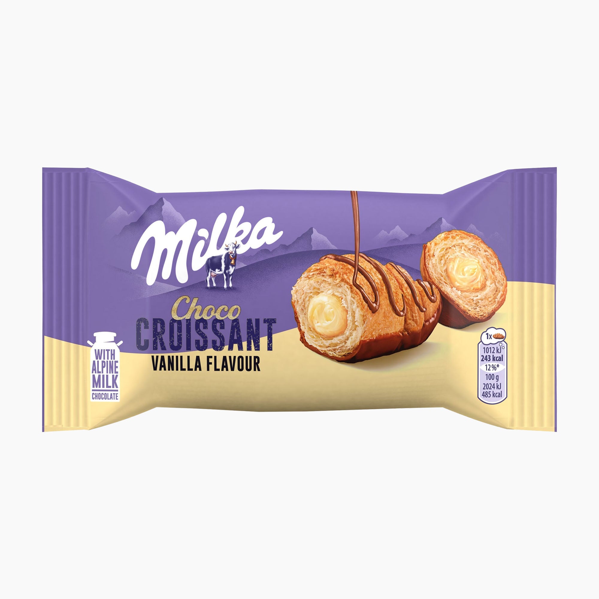 A package of Milka Choco Croissant Vanilla Flavor with Alpine Milk Chocolate, featuring a purple and cream wrapper with an illustration of a croissant.