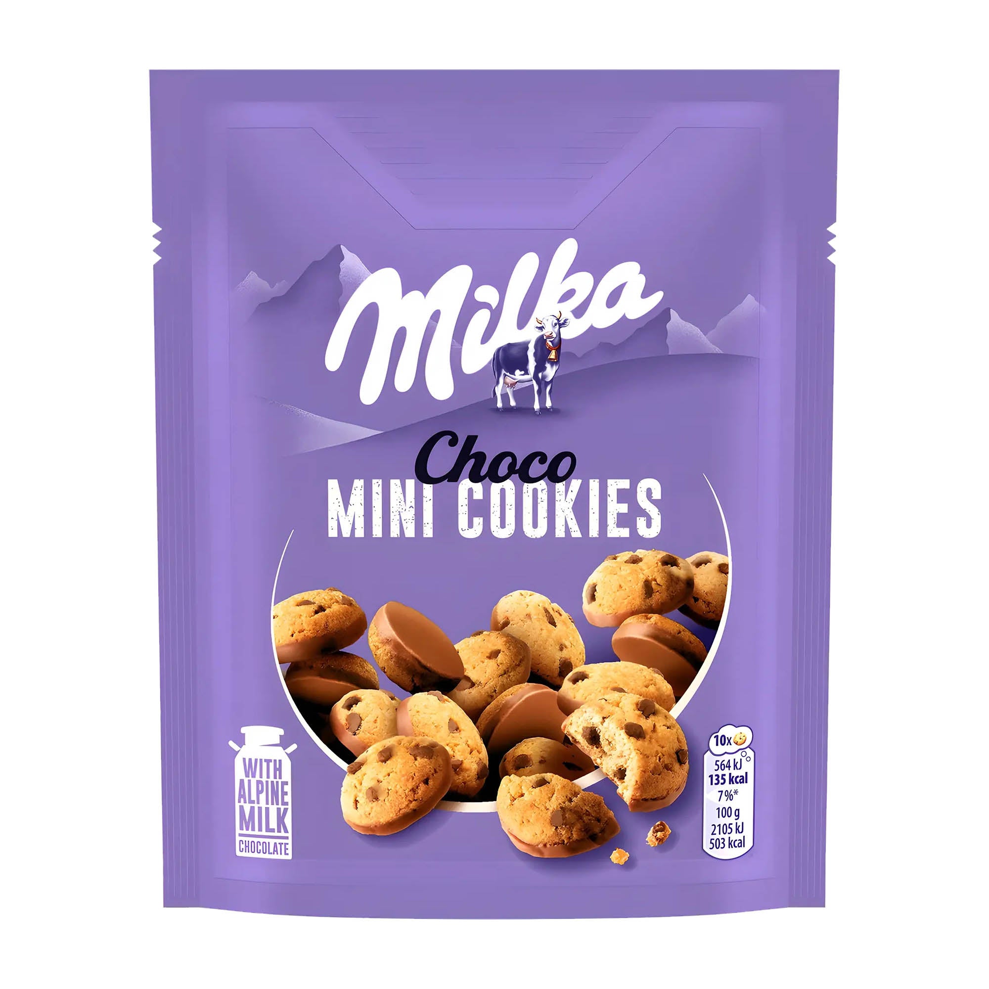 A package of Milka Choco Mini Cookies, showing the cookies with chocolate pieces and the Milka logo on a purple background.