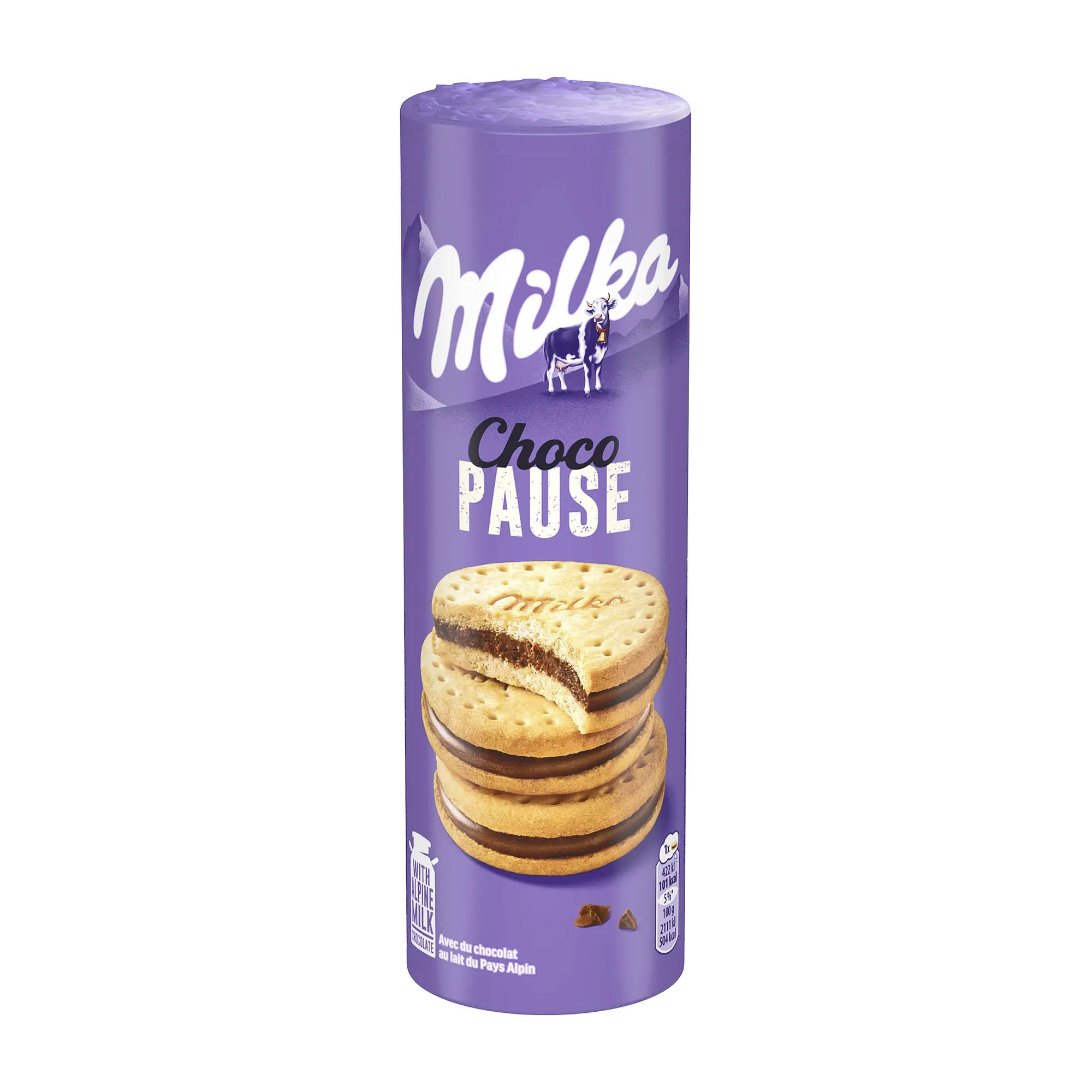Packaging of Milka Choco Pause Sandwich Cookies, featuring the Milka logo, chocolate pauses, and alpine milk chocolate cream filling.