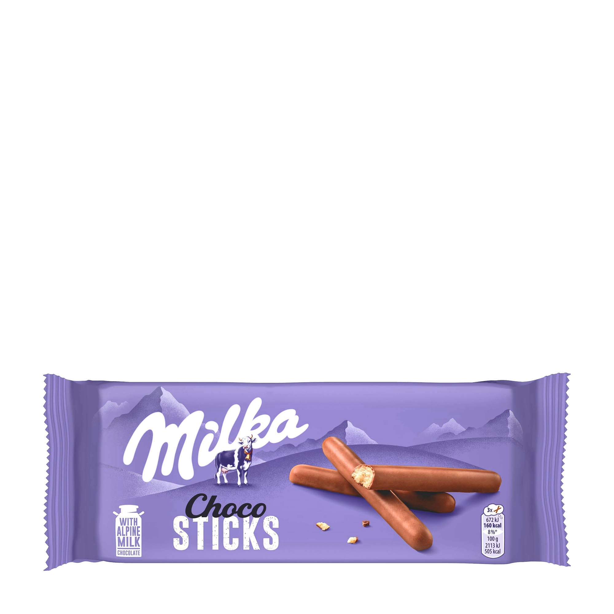 A package of Milka Choco Sticks biscuits, with the Milka logo and images of the chocolate sticks on the front.