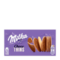 Packaging of Milka Choco Thins, showing the product name, image of the chocolate-covered biscuits, and a cow, indicating the alpine milk chocolate element.