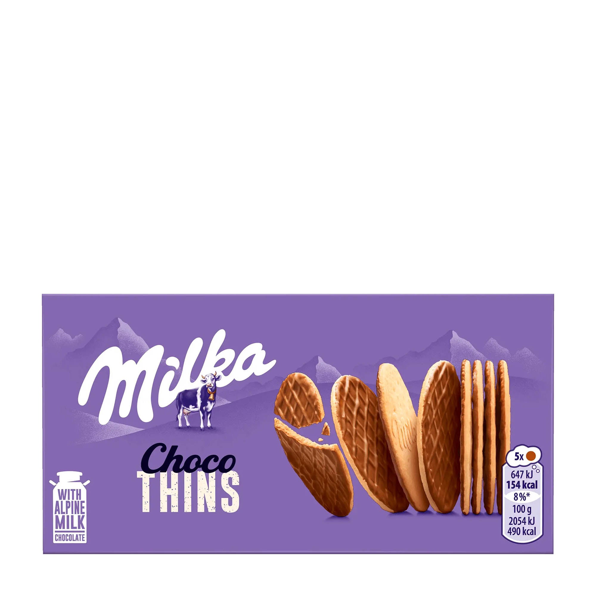 Packaging of Milka Choco Thins, showing the product name, image of the chocolate-covered biscuits, and a cow, indicating the alpine milk chocolate element.
