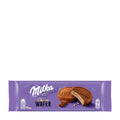 Packaging of Milka Choco Wafer, showing the product name, a picture of a chocolate wafer, and the cocoa content indication.