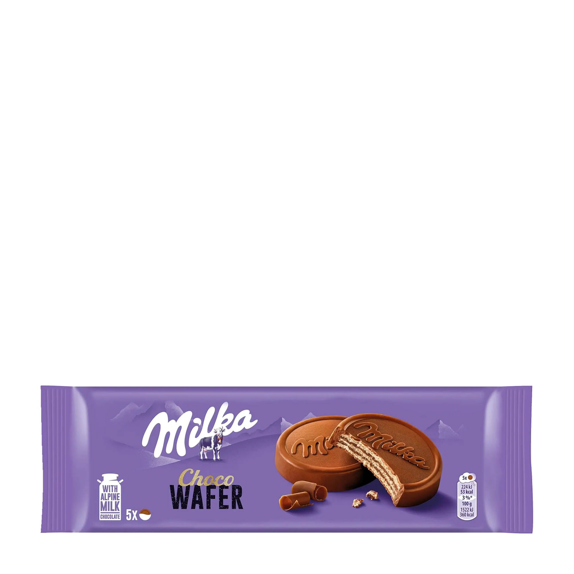 Packaging of Milka Choco Wafer, showing the product name, a picture of a chocolate wafer, and the cocoa content indication.
