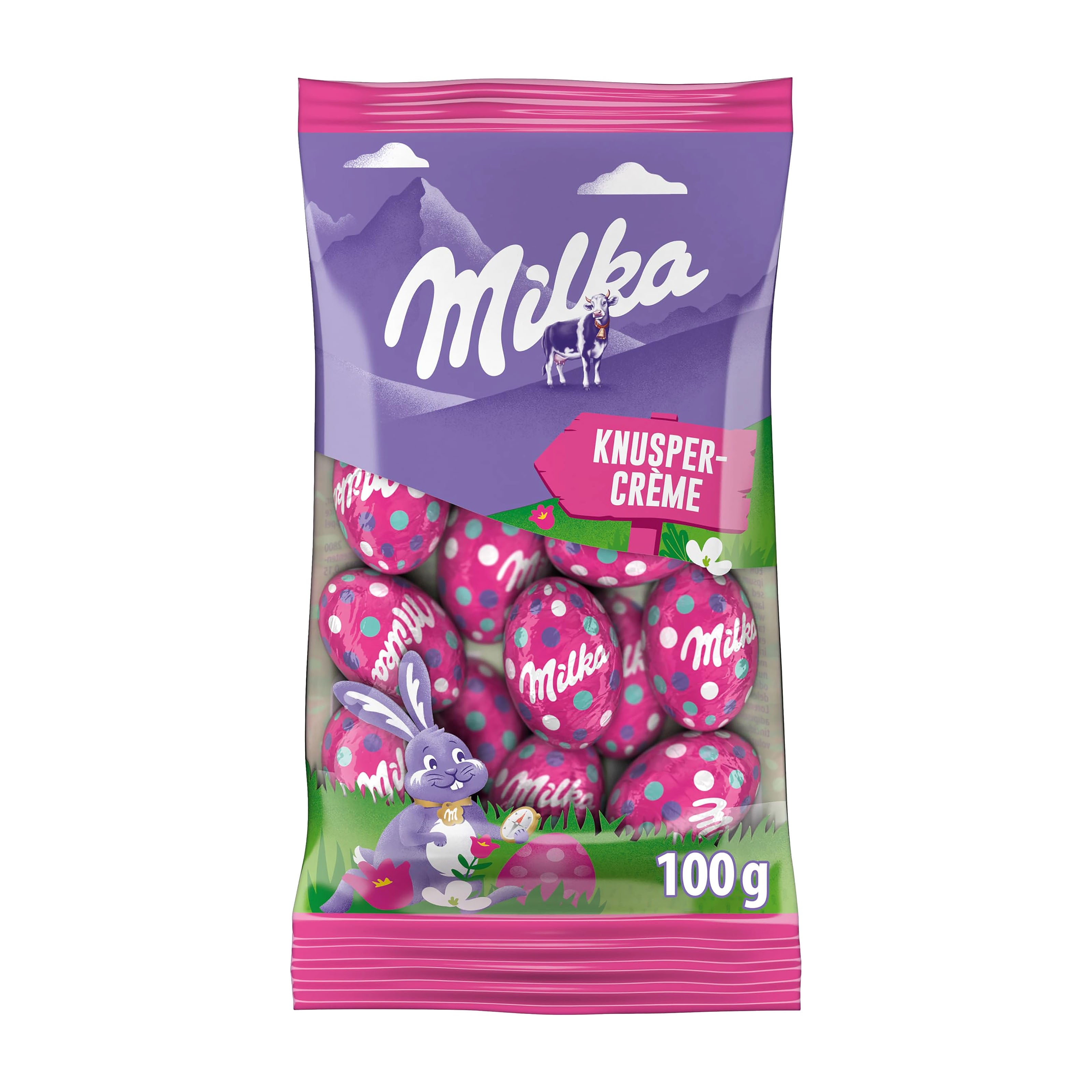 Milka Crunchy Cream Easter Eggs chocolate packaging on a white background.