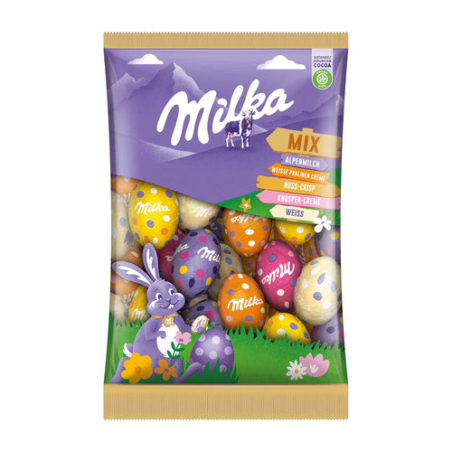 Milka Easter egg mix packaging with colorful eggs and a bunny on a white background
