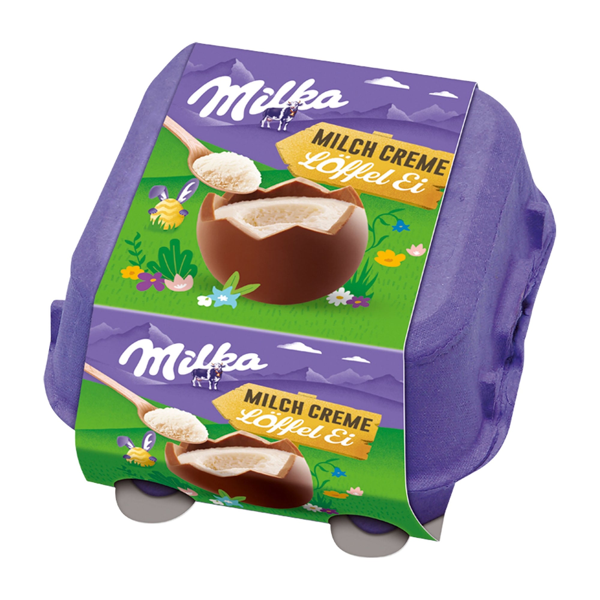 Milka Egg & Spoon Milk Cream packaging, featuring a chocolate egg and cream filling illustration