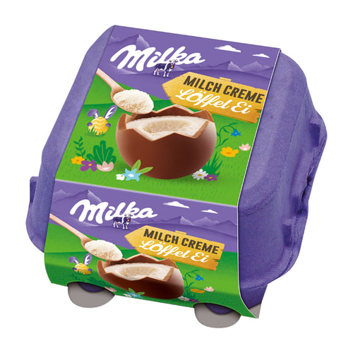 Milka Egg & Spoon Milk Cream packaging, featuring a chocolate egg and cream filling illustration