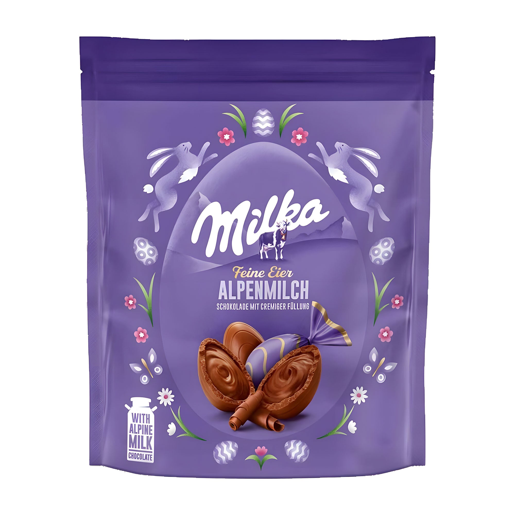 Purple Milka Fine Eggs Alpine Milk pralines packaging with Easter-themed illustrations on a white background