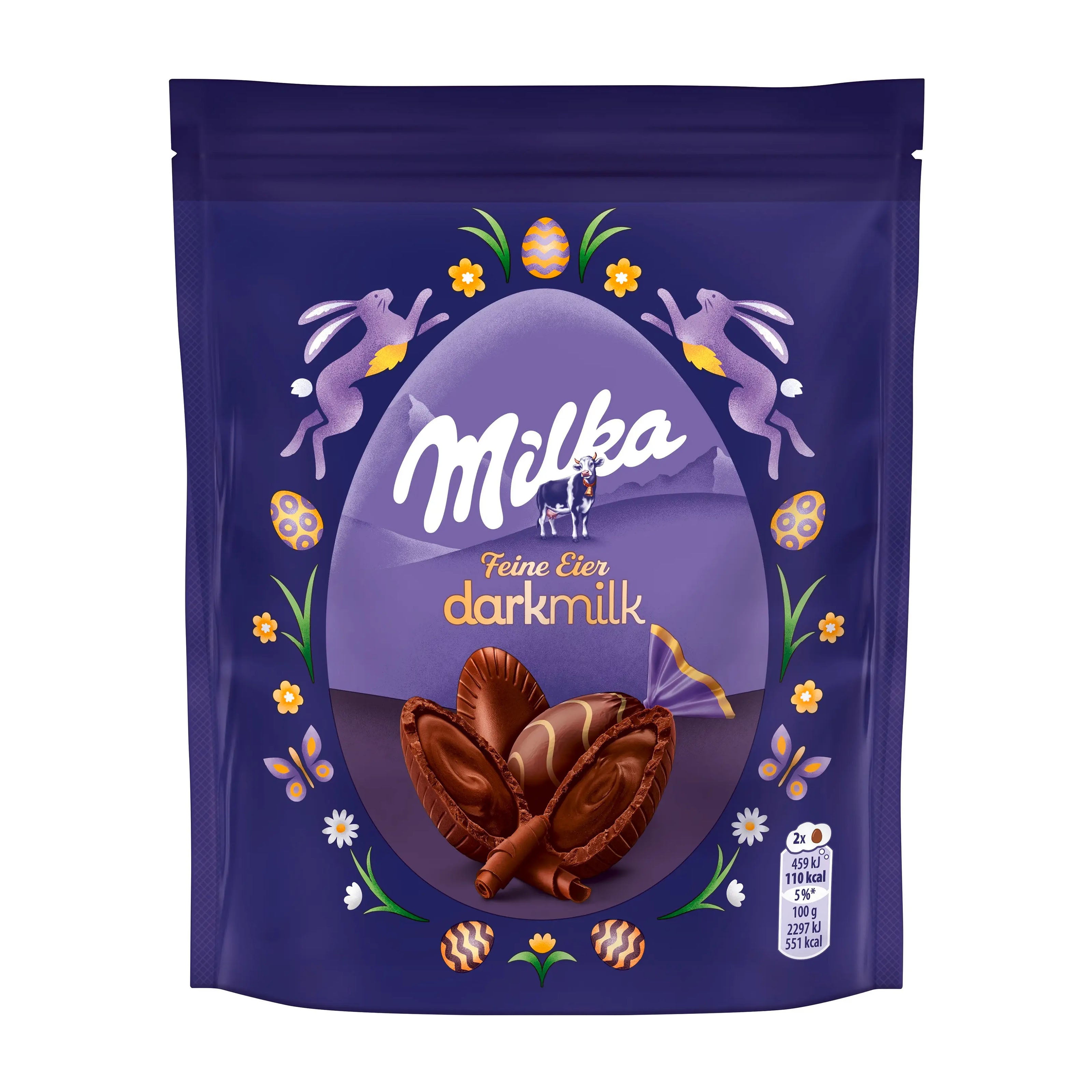 Milka darkmilk Fine Eggs packaging with chocolate eggs and decorative elements on a white background