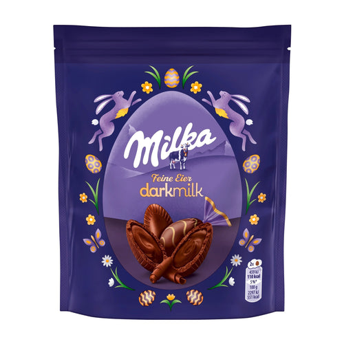 Milka darkmilk Fine Eggs packaging with chocolate eggs and decorative elements on a white background