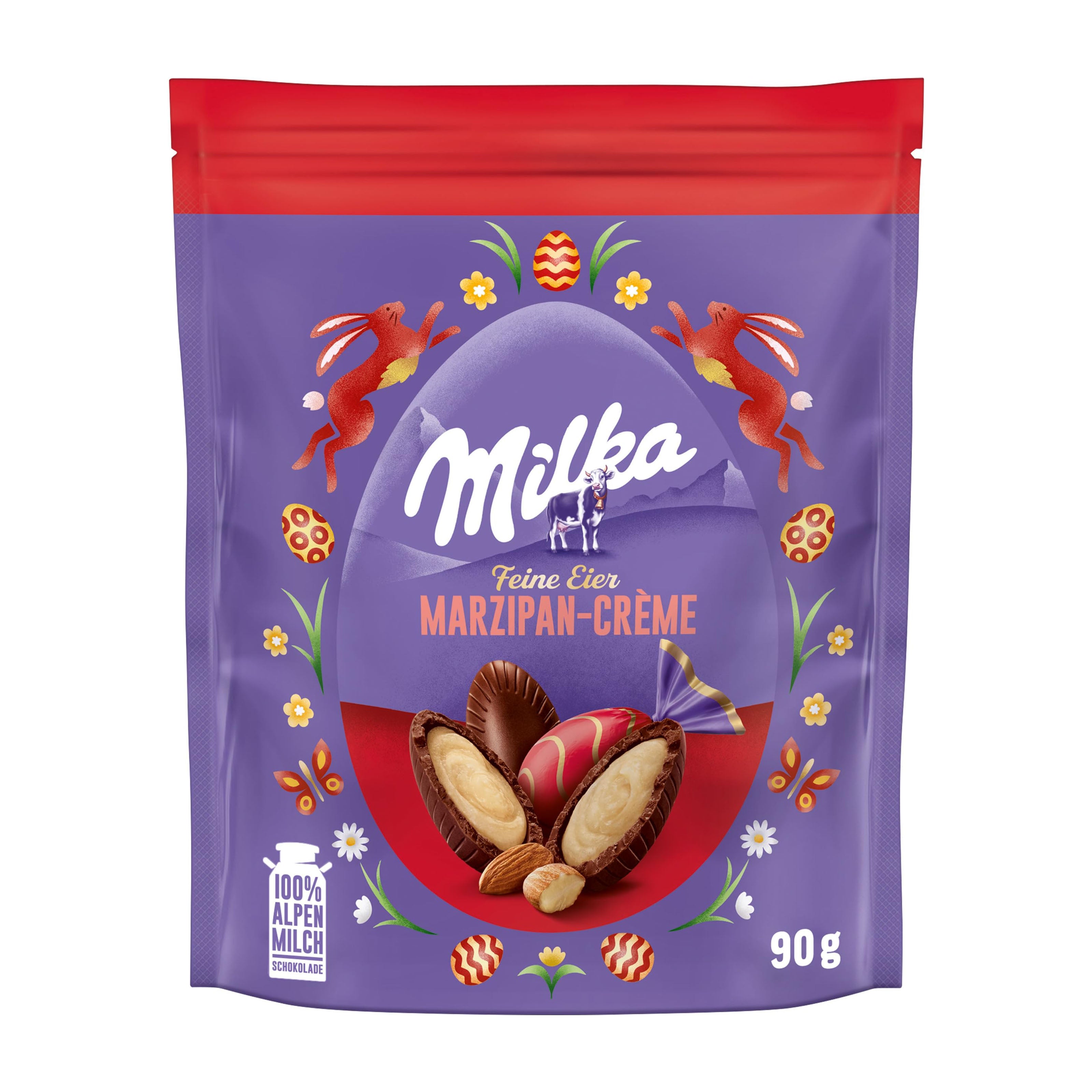 Milka Fine Eggs Marzipan Cream packaging with purple and red design on a white background