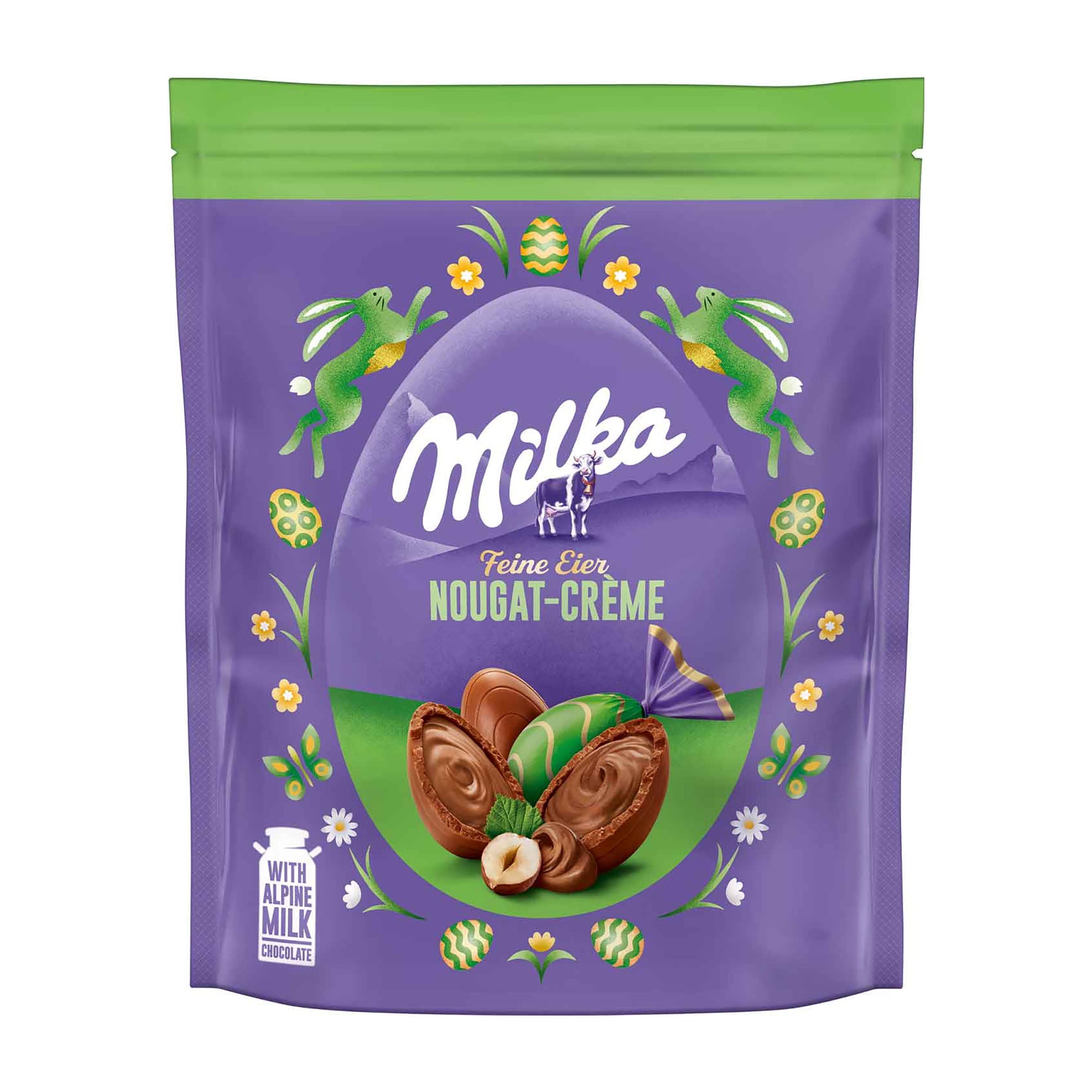 Milka Fine Eggs Nougat Cream packaging with green and purple design