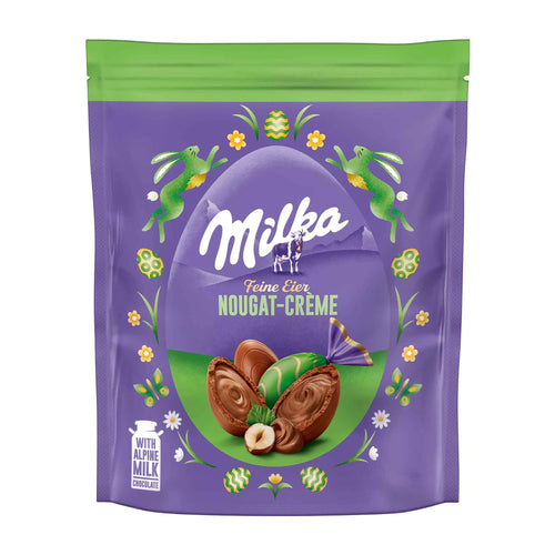 Milka Fine Eggs Nougat Cream packaging with green and purple design