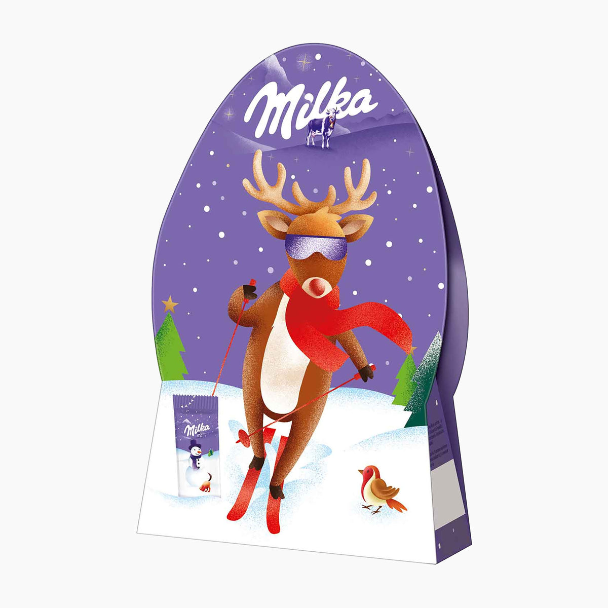 Milka Fun Christmas Gift chocolate box shaped like a stylized chocolate egg, featuring a festive illustration of a reindeer skiing in the snow with purple stars and the Milka logo at the top.