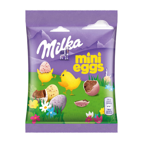 Milka mini eggs packaging with Easter-themed design on a white background