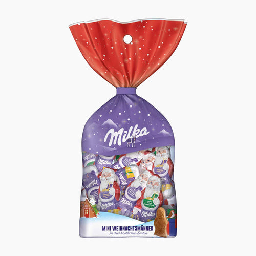 A bag of Milka Mini Weihnachtsmänner santa clauses chocolate treats, featuring a festive purple and red holiday-themed packaging design with Santa Claus illustrations.