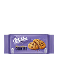 Packaging of Milka Sensations Cookies, featuring the Milka logo and an image of the cookies with chocolate chunks and a creamy filling.