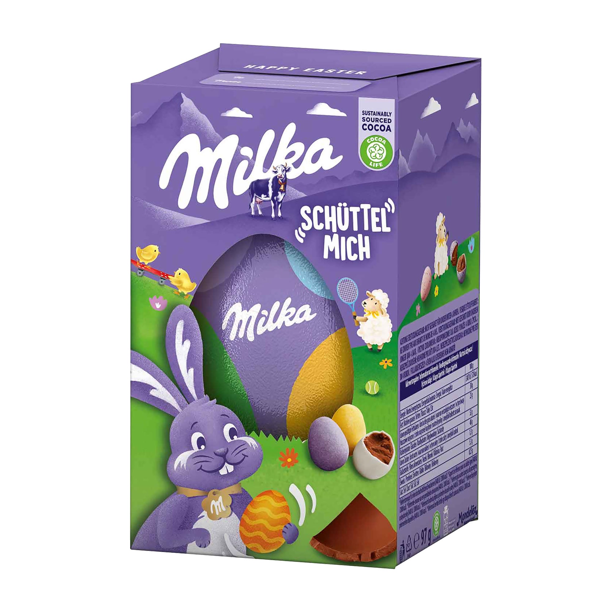 Milka Shake Me / Schüttel Mich egg packaging with a purple bunny and green grass design on a white background