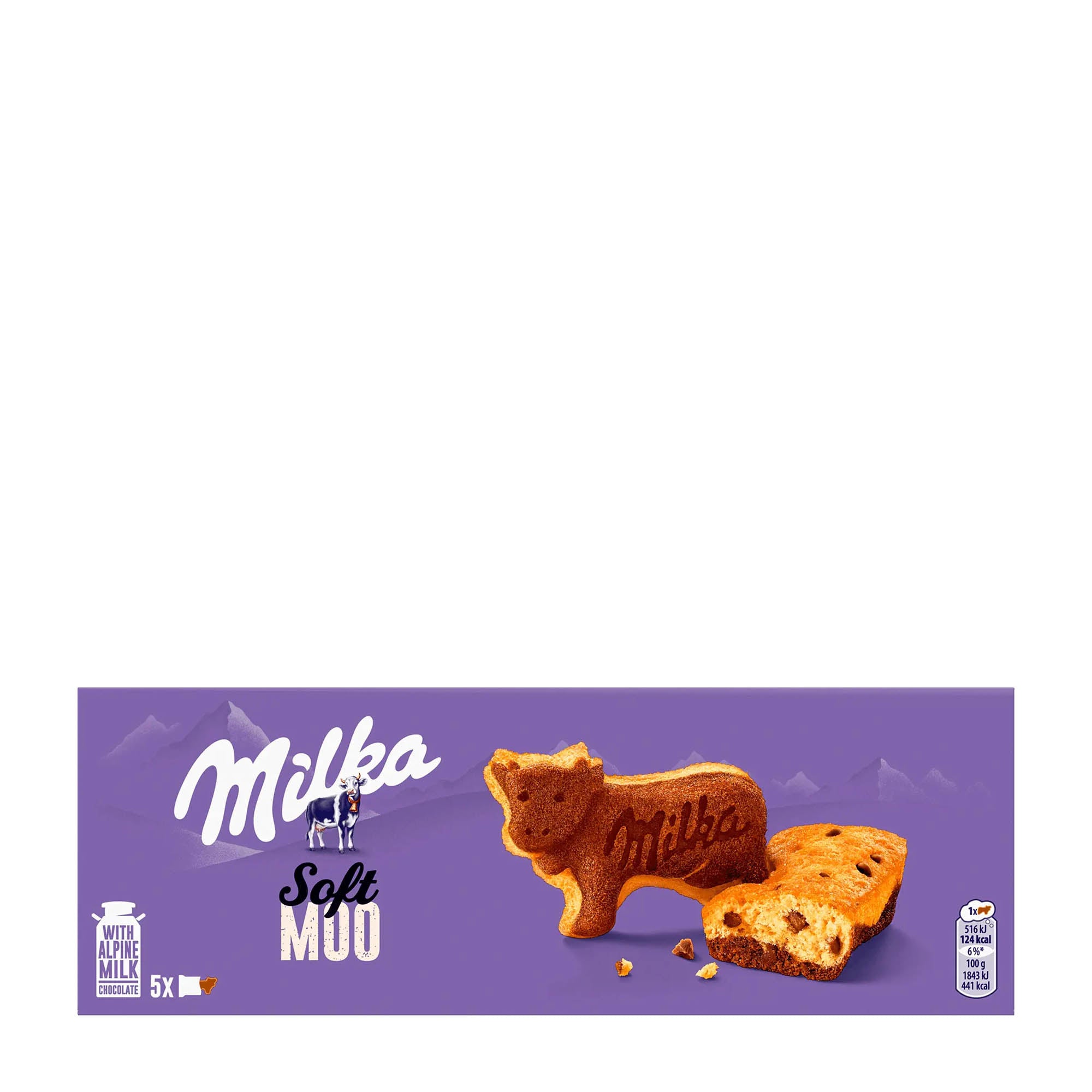 Packaging of Milka Soft Moo Sponge Cake showing a cow-shaped sponge cake with Alpine milk chocolate, with the Milka brand logo.