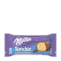 Packaging of Milka Tender Milk biscuit roll, featuring the product name and an image of the biscuit with a milk cream filling.