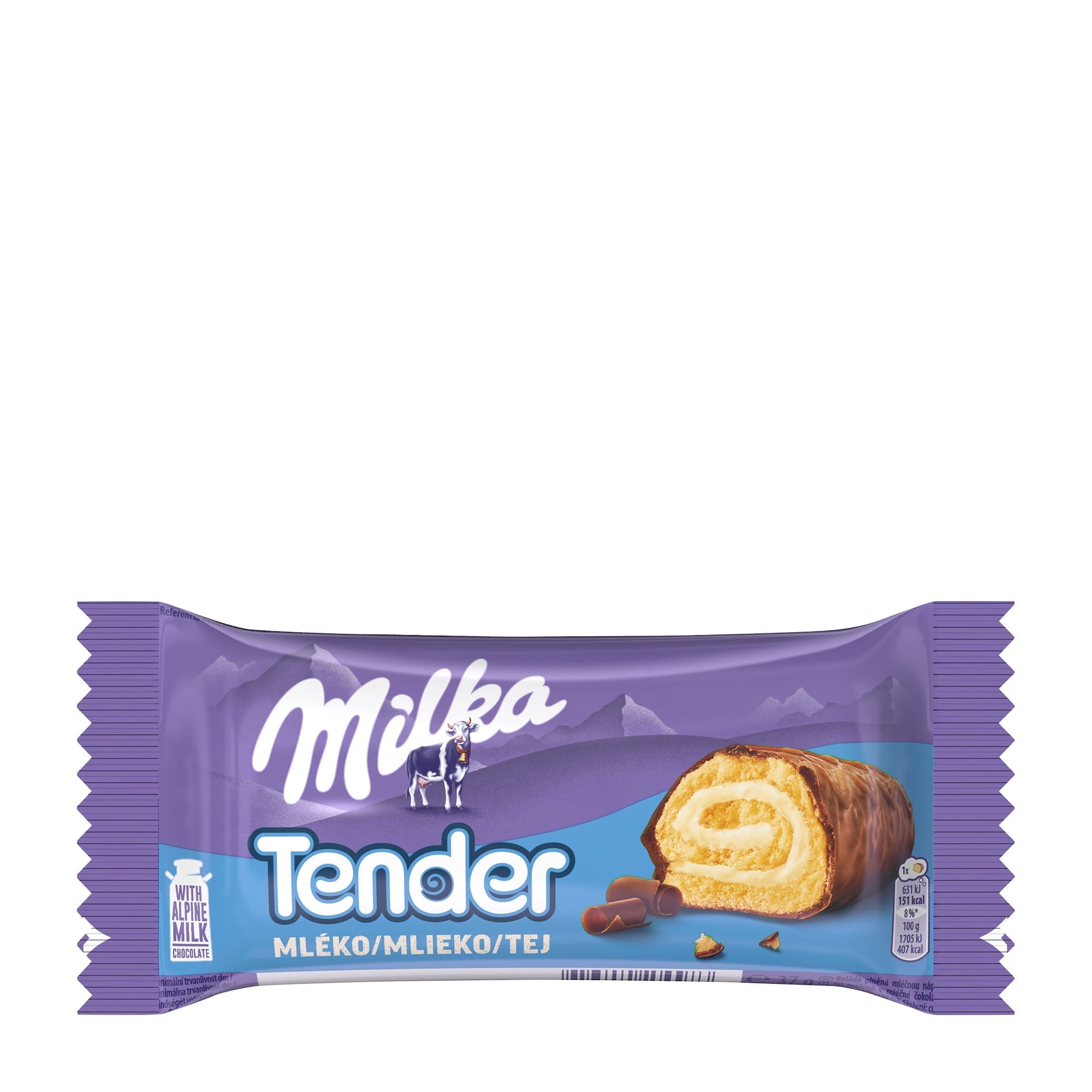 Packaging of Milka Tender Milk biscuit roll, featuring the product name and an image of the biscuit with a milk cream filling.