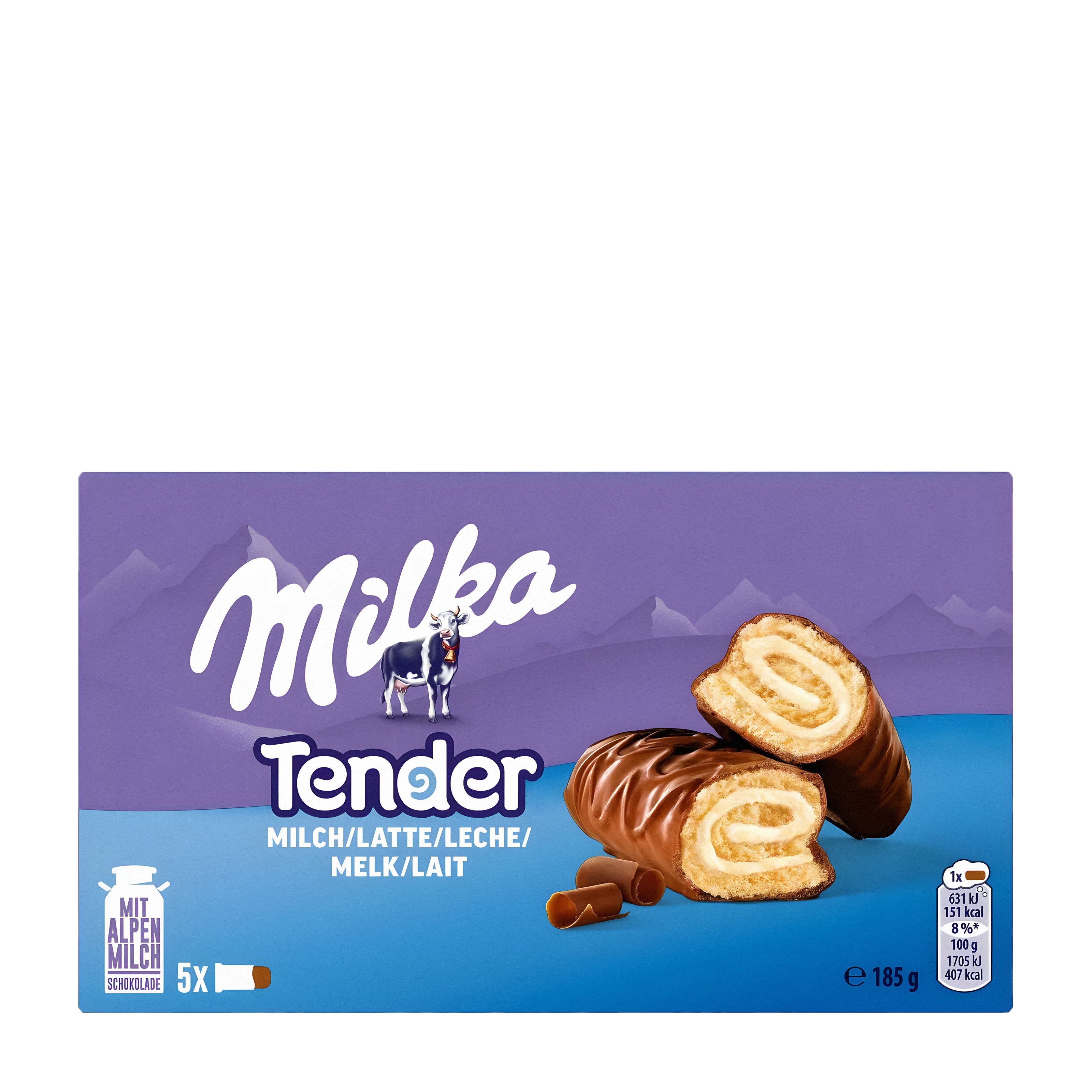 Packaging of Milka Tender Milk showing the brand logo, product name, and an image of the milk biscuit rolls with a purple and blue color theme.