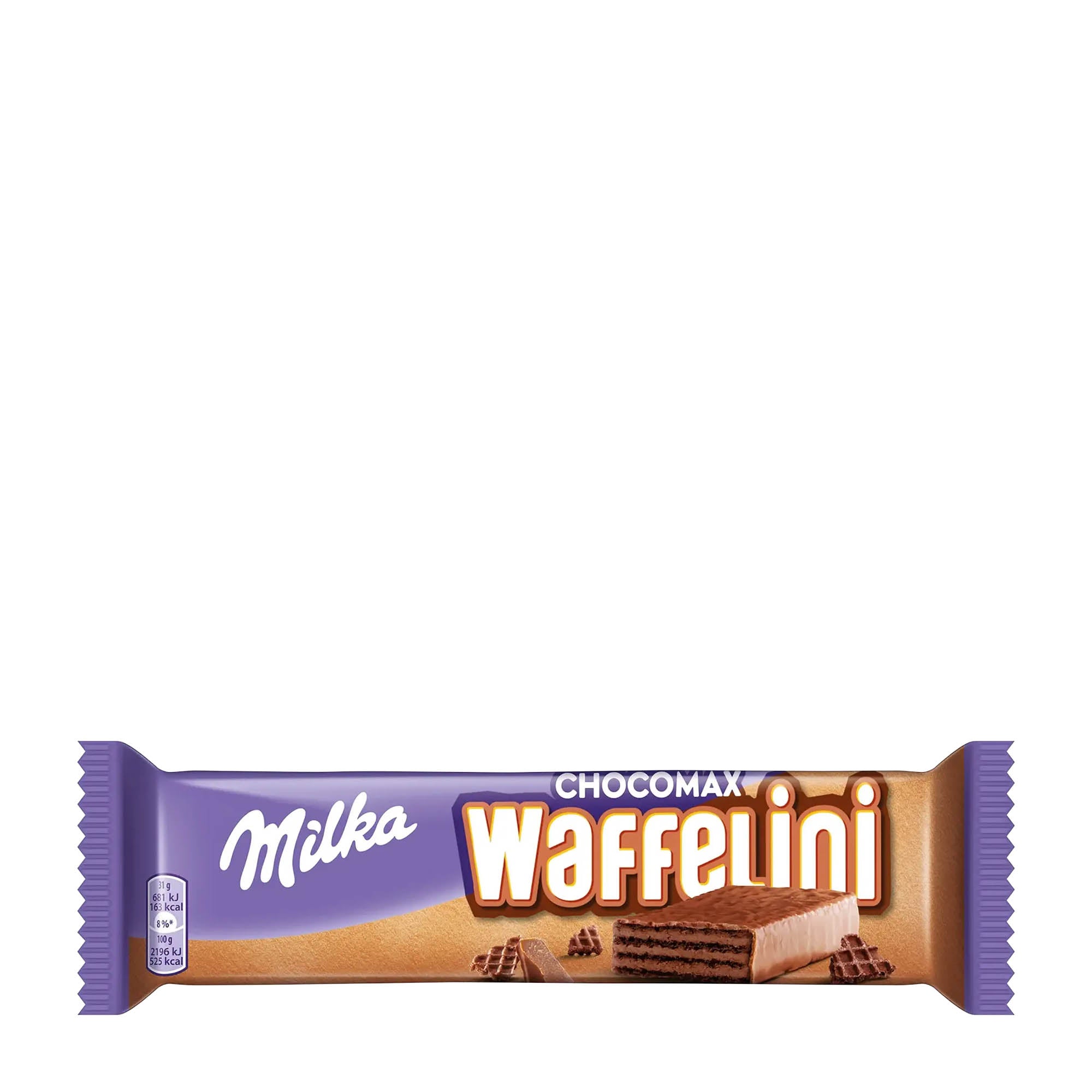 A packaged Milka Waffelini Chocomax wafer bar with cocoa cream filling, 31g, displayed against a white background.
