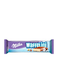 Packaging of Milka Waffelini Coconut wafer bar, showing the product name and the images of the wafer bar with coconut cream and the chocolate coating.