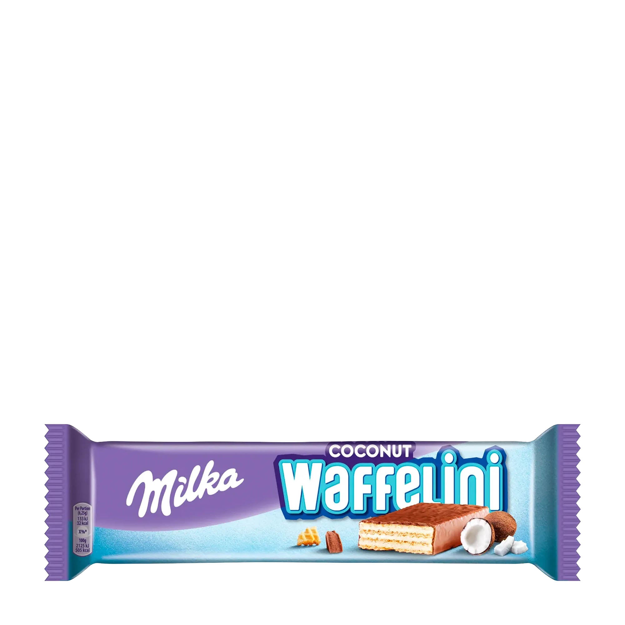 Packaging of Milka Waffelini Coconut wafer bar, showing the product name and the images of the wafer bar with coconut cream and the chocolate coating.