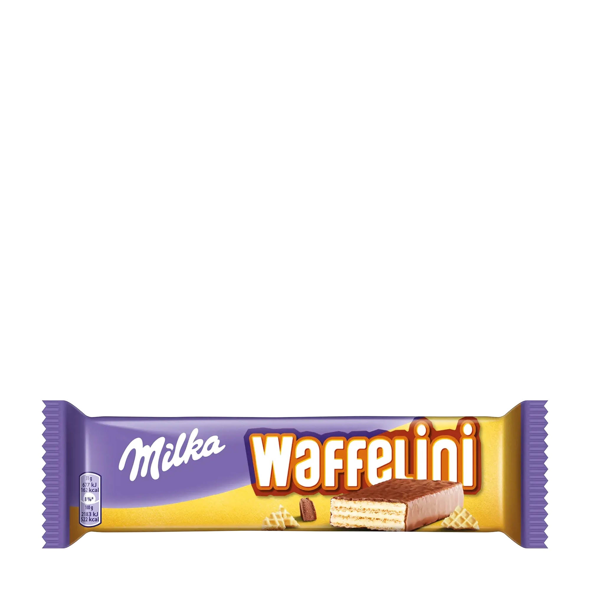 A packaged Milka Waffelini cream wafer bar, with the product visible through the clear window of the packaging.