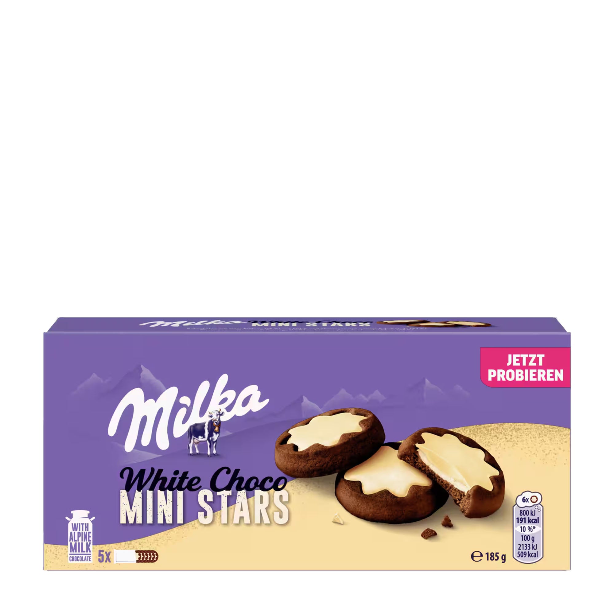 Milka White Choco Mini Stars cookies packaging on a white background