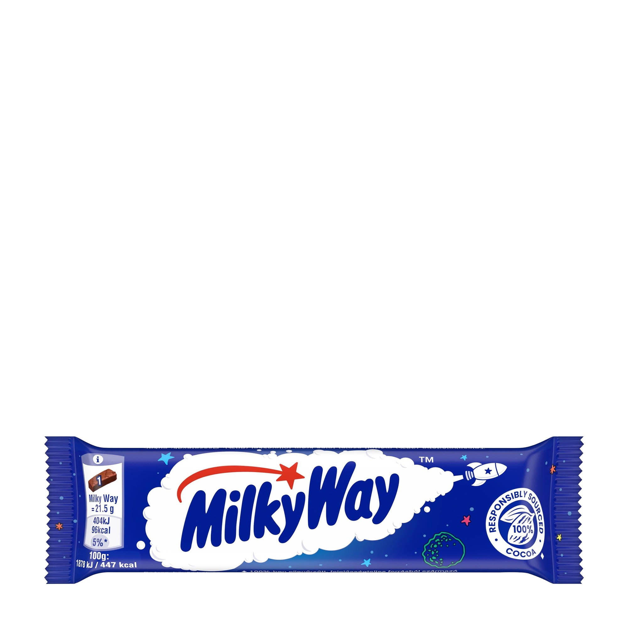 A wrapped Milky Way milk chocolate bar with a blue wrapper featuring the Milky Way brand logo and white and red design elements.