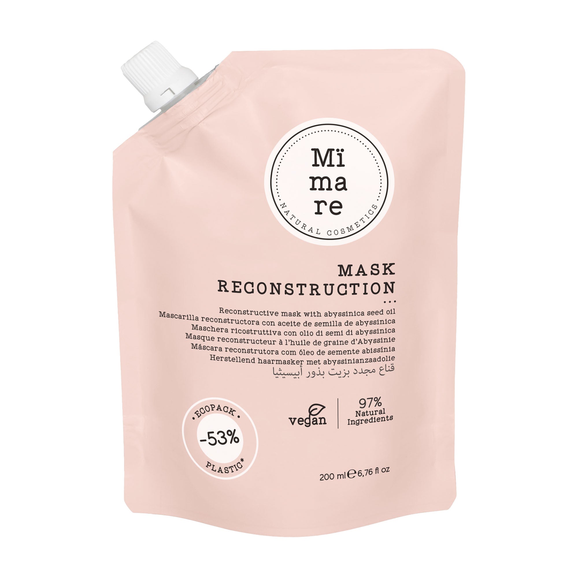 Pink pouch of Mimare Reconstruction hair mask with branding and product details on a white background