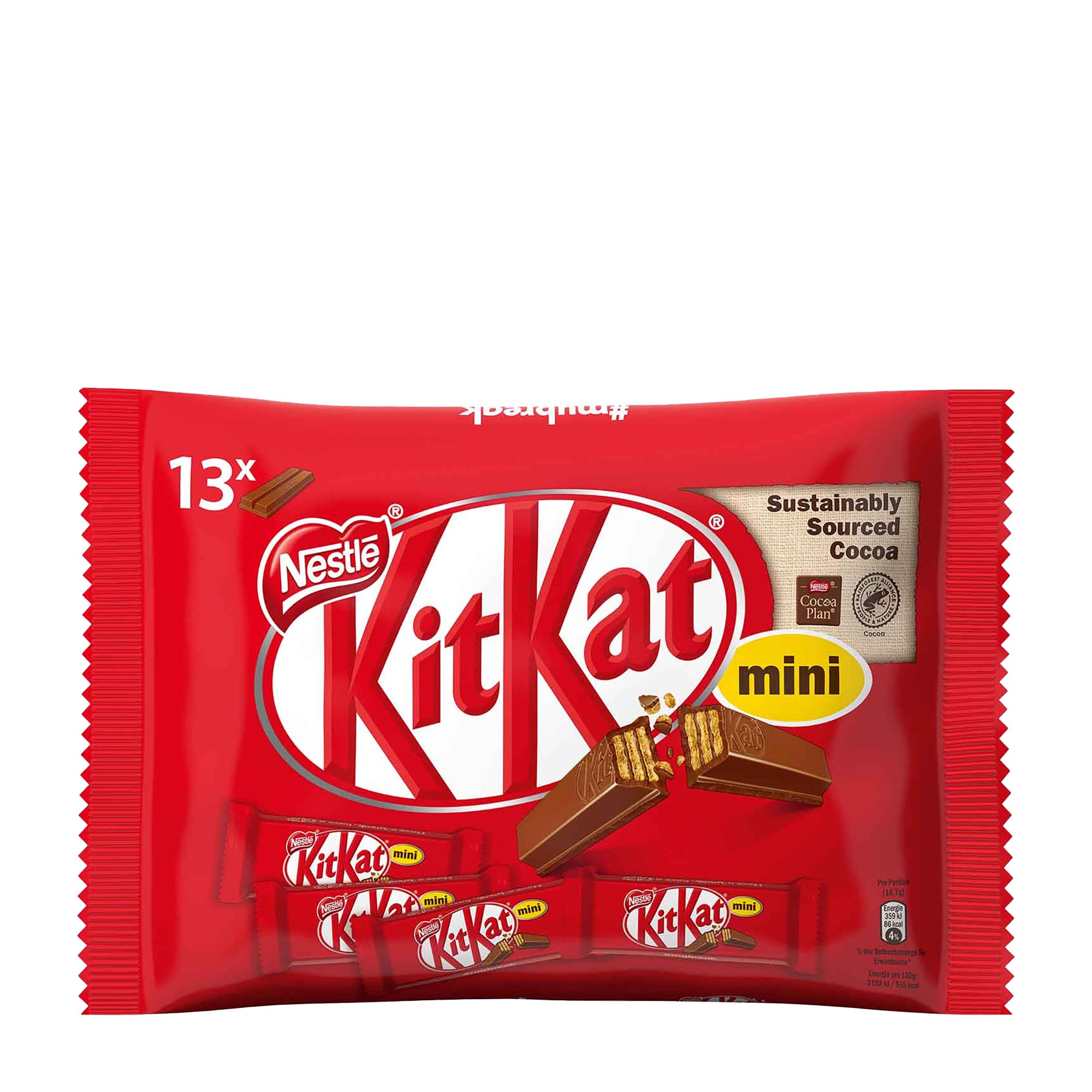 A pack of KitKat Mini wafer bars by Nestle, featuring 13 individually wrapped mini crispy wafers coated in milk chocolate, displayed on a red background with the KitKat logo.
