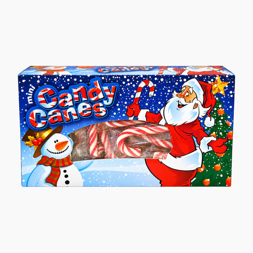 A festive Christmas-themed ASBA candy cane box featuring Santa Claus, a snowman, and a decorated tree on a white background. The front of the box has a clear window showing several wrapped candy canes inside, with large 'Candy Canes' text across the top.