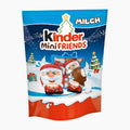 Kinder Mini Friends Milk chocolate snack pouch, featuring festive Christmas illustrations of Santa Claus and a milk chocolate bar on a blue and red background.